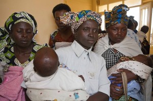 Women with their babies awaiting vaccination at the new AVEGA Ntarama Clinic