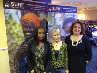 Alphonsine Kabagabo (SURF Vice Chair), Felicity Finch (SURF Patron) and Sam Hunt (SURF Chair) at the National UK Commemoration of the 20th Anniversary of the Genocide in Rwanda in Birmingham