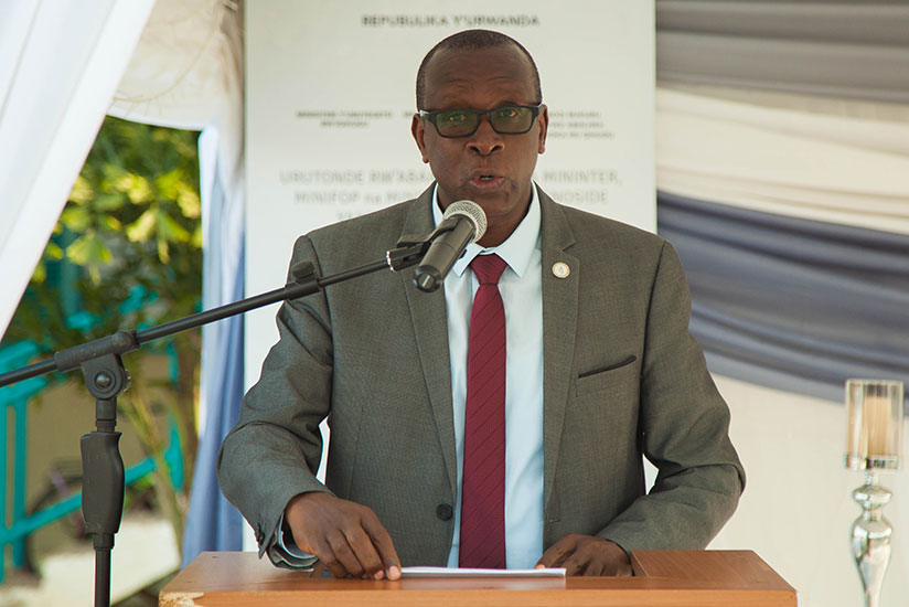 Dr Jean-Damascene Bizimana, executive secretary of CNLG, speaks during the commemoration event at the ministry of local government. / Nadege Imbabazi