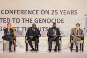 L-R: Me Eric Gillet, President of RCN Justice & Démocratie; Me Julien Kavaruganda; Chief Justice Faustin Ntezilyayo; Amb. Bert Versmessen, the envoy of the Kingdom of Belgium to Rwanda, on a panel during the International Conference on 25 years of Justice related to the Genocide against the Tutsi, in Kigali on November 17. Photo: Dan Nsengiyumva.