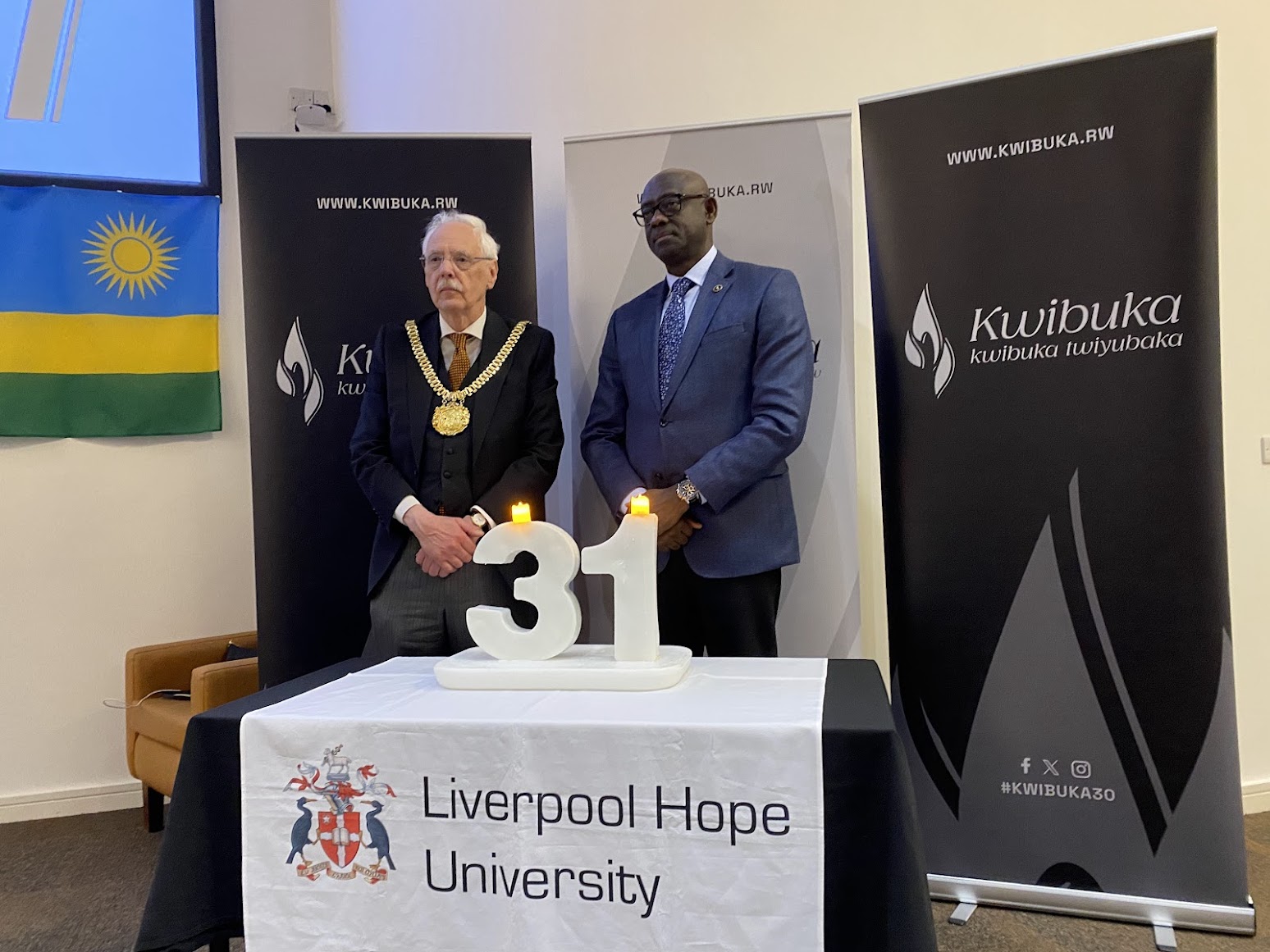 His Excellency Johnston Busingye, High Commissioner of Rwanda to the UK, Councillor Richard Kemp, Lord Mayor of Liverpool, at the Liverpool Kwibuka 31 Commemoration